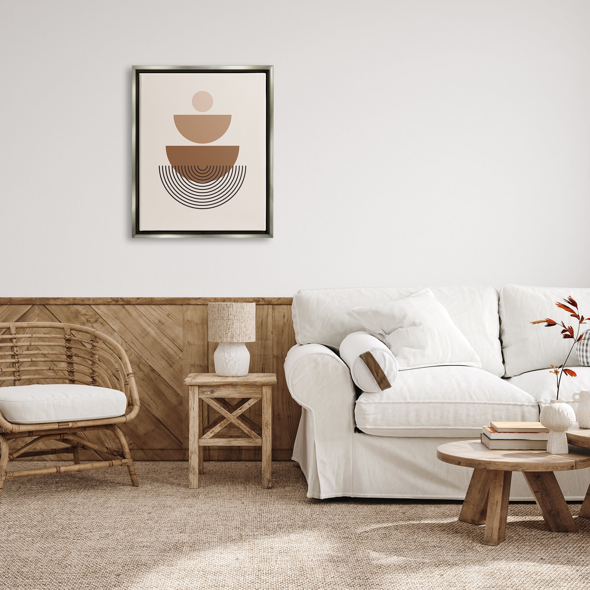 Stupell Industries Brown Shapes on Beige Abstract Painting Gray Floater Framed Art Print Wall Art, 25 x 31