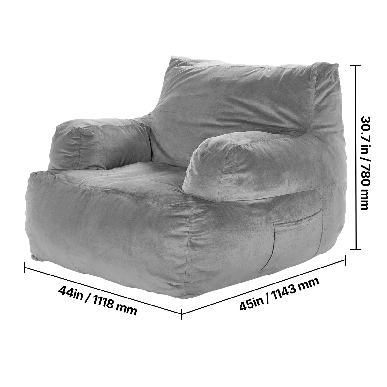 VEVOR Bean Bag Chair, BeanBag Sofa Chair with Armrests for Adults, Fluffy Plush & High-Density Foam Filling Adult Bean Bag with Zapper, Comfy Lazy Sofa Chair Ideal for Living Room, Bedroom, Grey