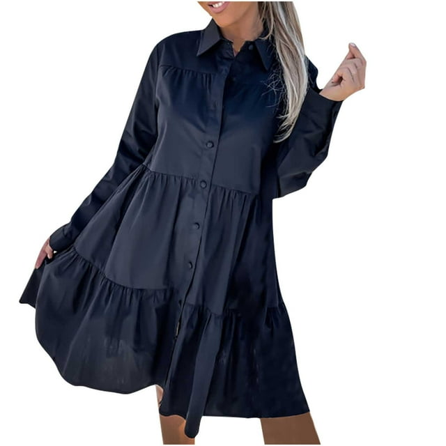 Vêtements d'Été pour Femmes Mode d'Été Col Rabattu Manches Longues Robe Décontractée Couleur Unie Robe Longue avec Manches Robe d'Été Décontractée