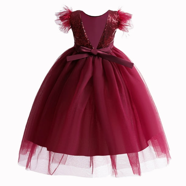 Odeerbi 3-12Y Toddler Girls Cute Tulle Dresses Net Yarn Sequin Mesh Bow  Ruffles Birthday Party Gown Long Dresses Baby Clothes Burgundy - Walmart  Business Supplies