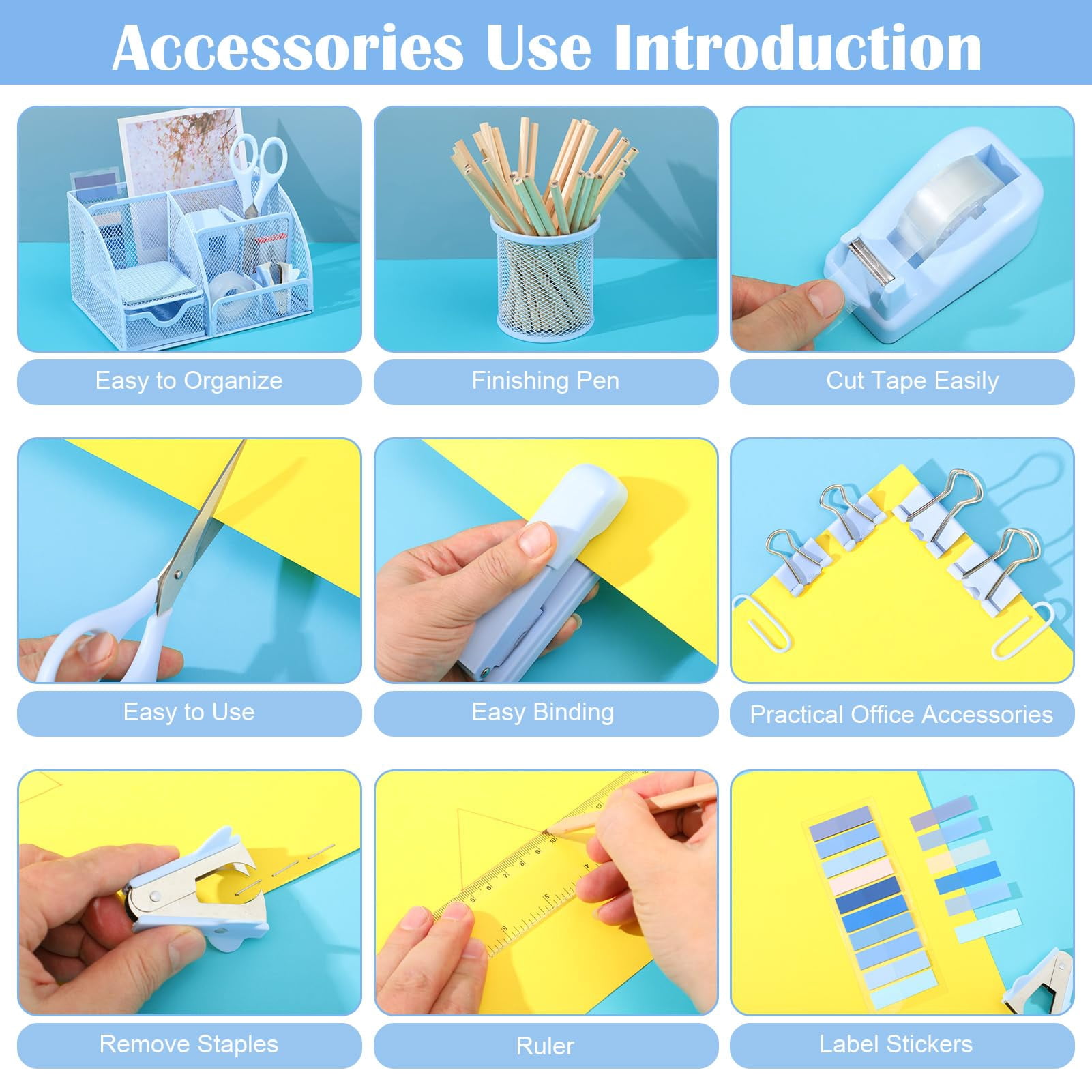 11 In 1 Blue Desk Organizer And Accessories  Light Office Supplies Include Stapler Tape Dispenser Pen Holder Staple Remover Clips Ruler Tapes Tabs
