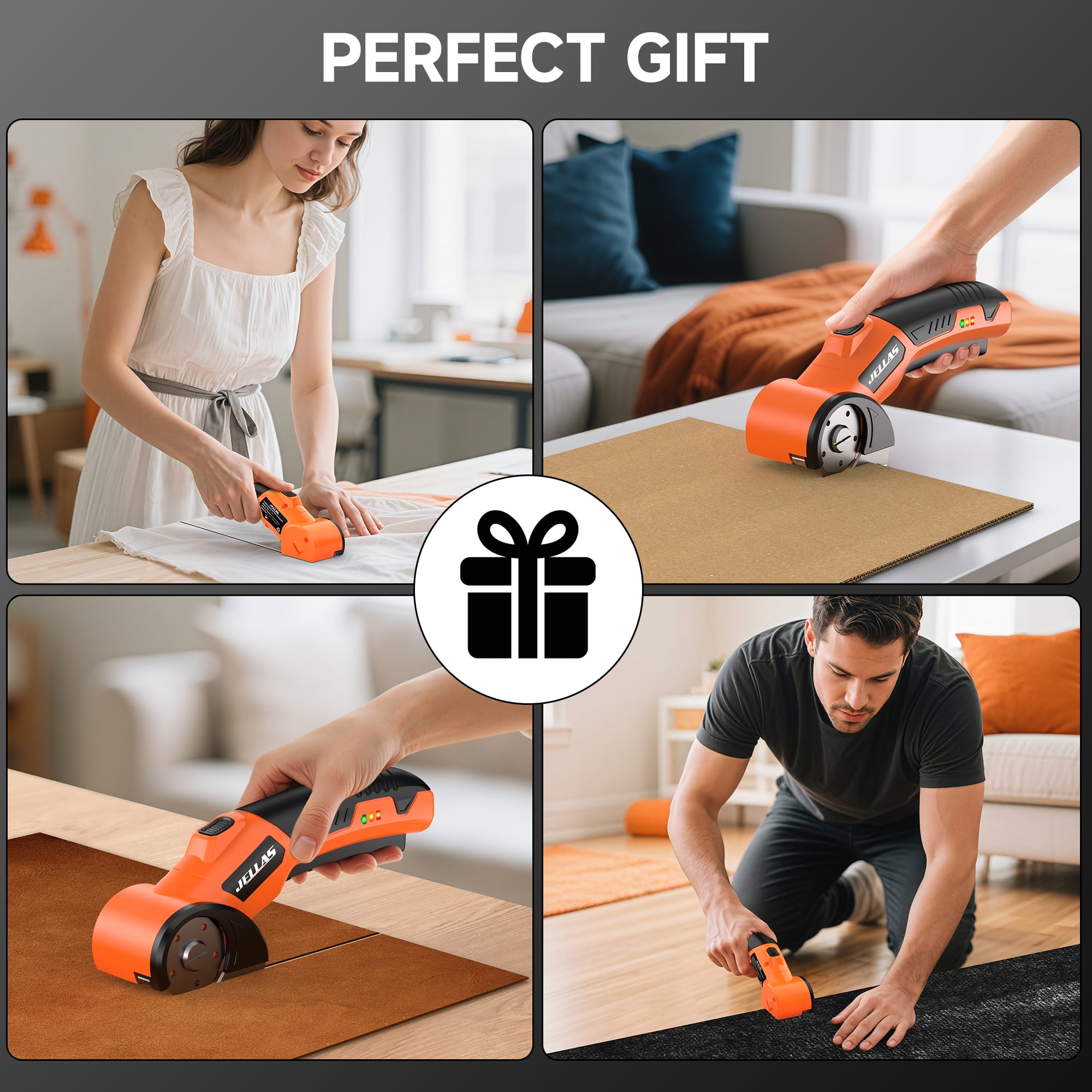 JELLAS Electric Scissors for Cardboard, Cordless Electric Scissors for Fabric, 4V Rechargeable Cardboard Box Cutter with Safety Lock & LED Light, Battery Scissor for Box, Fabric, Carpet, Plastic
