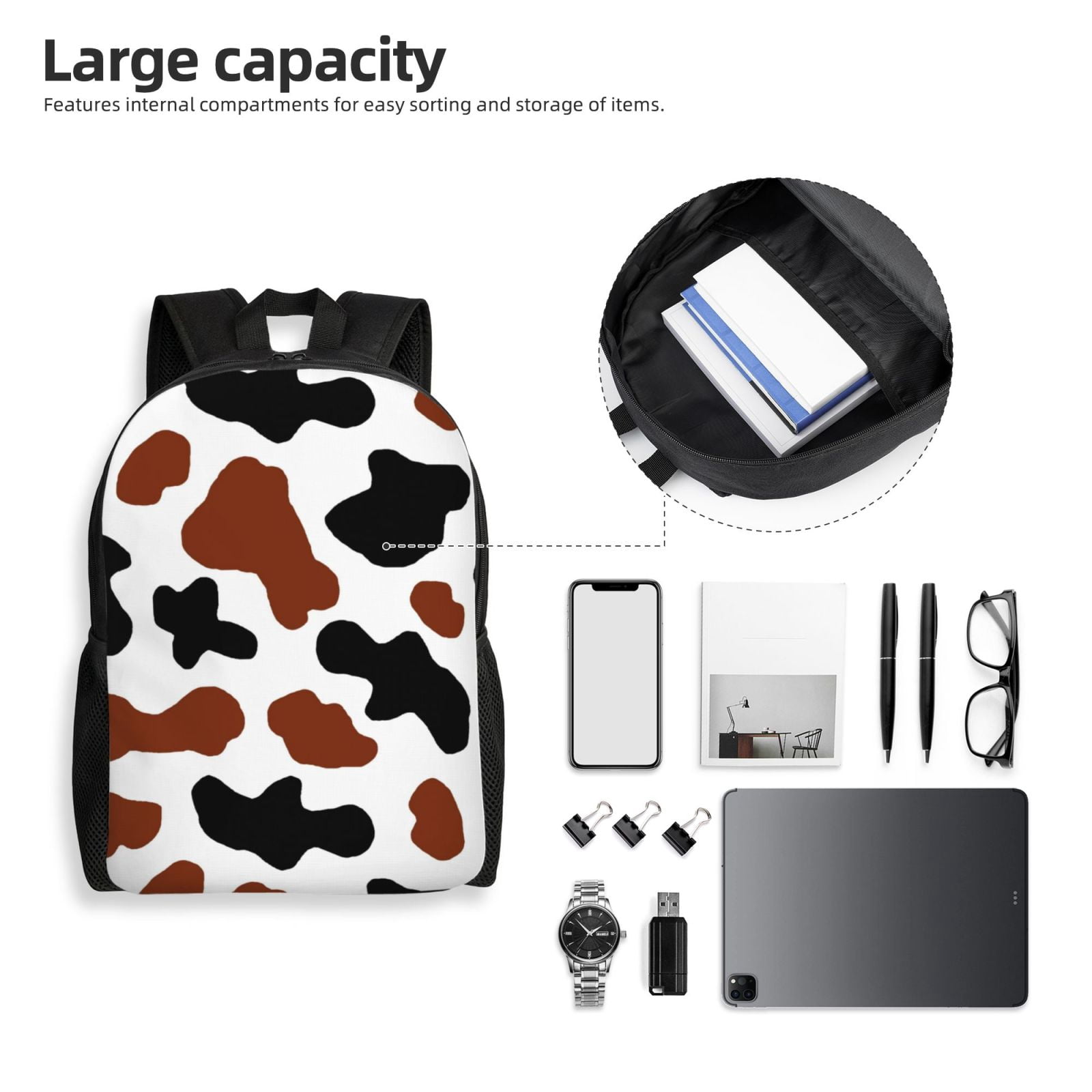 Xecao Brown Black Cow Print School Backpack with Laptop Compartment Small Travel Laptop Backpack for Women Men Waterproof College Backpack Simple School Bag