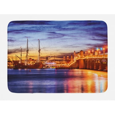United States Bath Mat, St. Augustine Florida Famous Bridge of Lions Dreamy Sunset Majestic, Non-Slip Plush Mat Bathroom Kitchen Laundry Room Decor, 29.5 X 17.5 Inches, Orange Blue Coral, Ambesonne