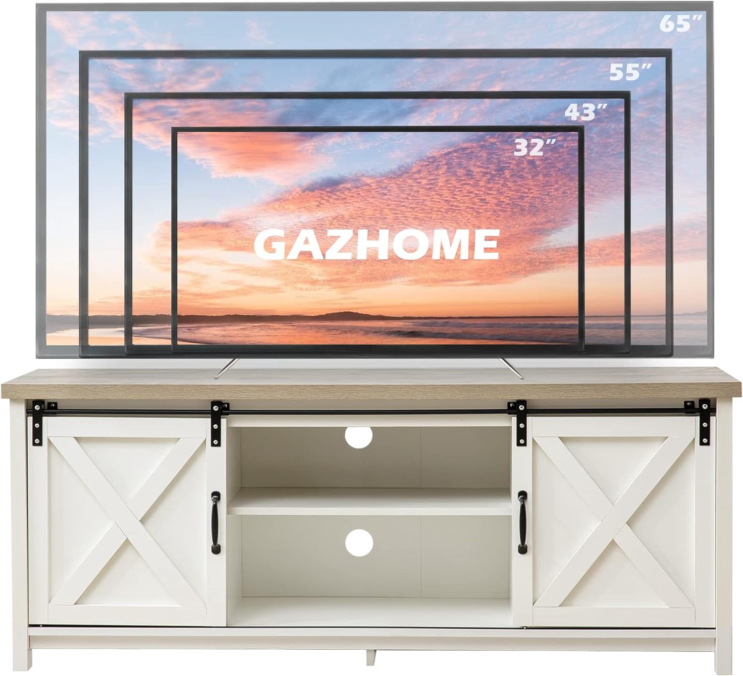 Reliancer Farmhouse TV Stand for TVs up to 65”, with Sliding Barn Doors, White