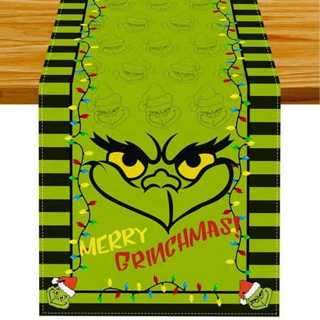 

BUYHO The Grinch Decorations For Christmas Linen Green Christmas Table Runner Merry Tablecloth Christmas Xmas Holiday Table Decorations