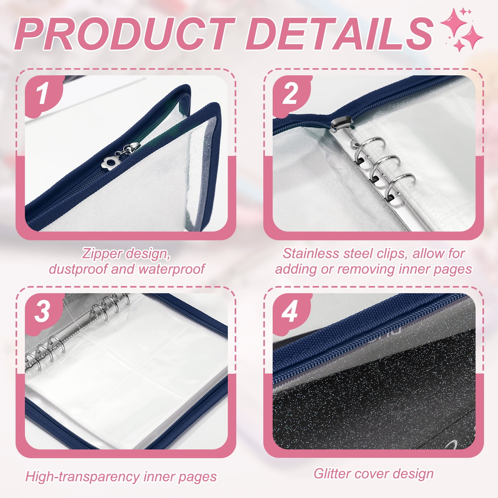 A5 Photocard Binder, 4 Photo Style Clear KPop Photocard Holder Binder Book,  Korean Kpop Photo Card Album with 25 Pcs Inner (200 Card Slots), Dark Blue