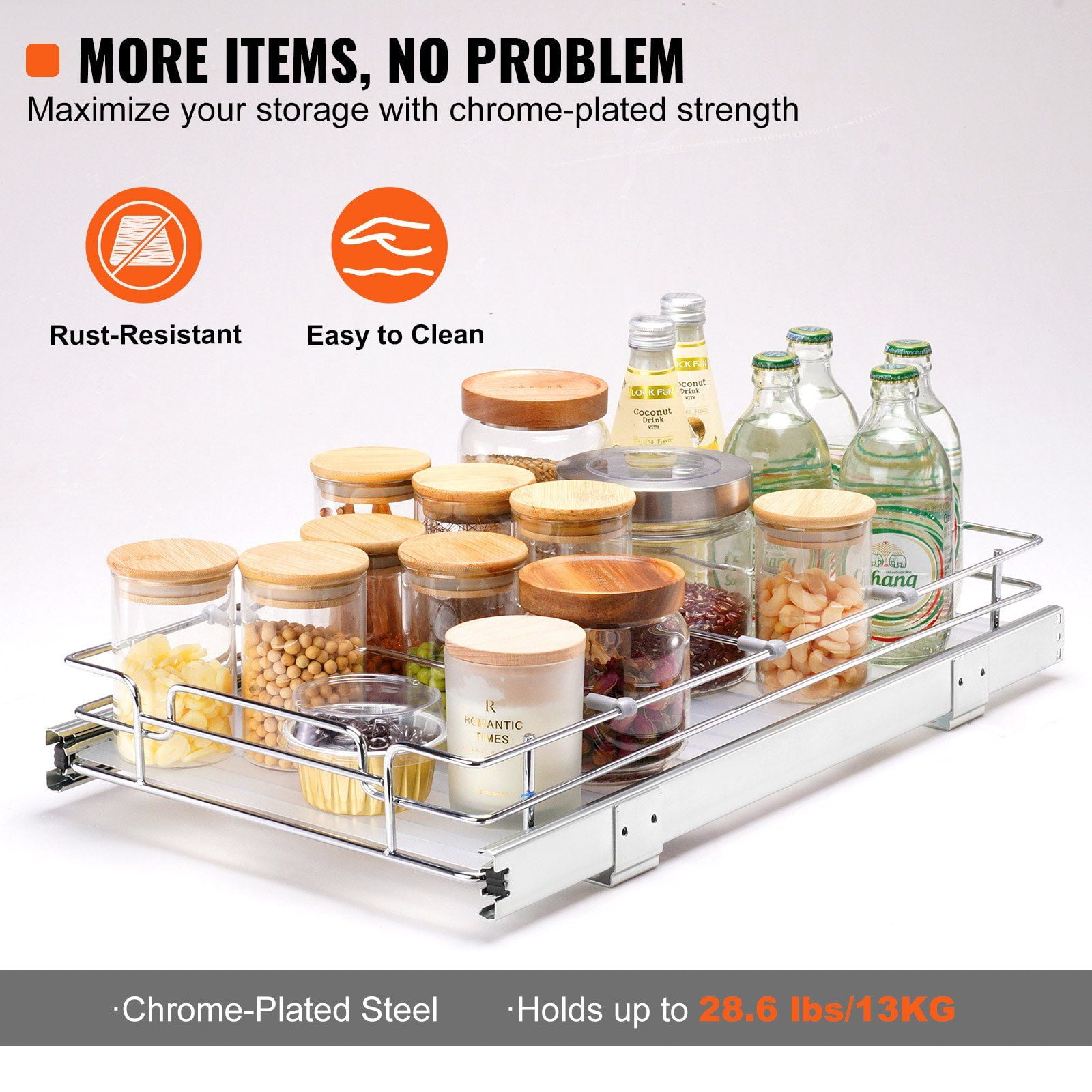 11"W x 21"D Heavy Duty Pull Out Cabinet Organizer, Chrome Steel Roll Out Shelves, Sliding Drawer Storage for Kitchen/Bathroom, Under Sink Pantry Shelves