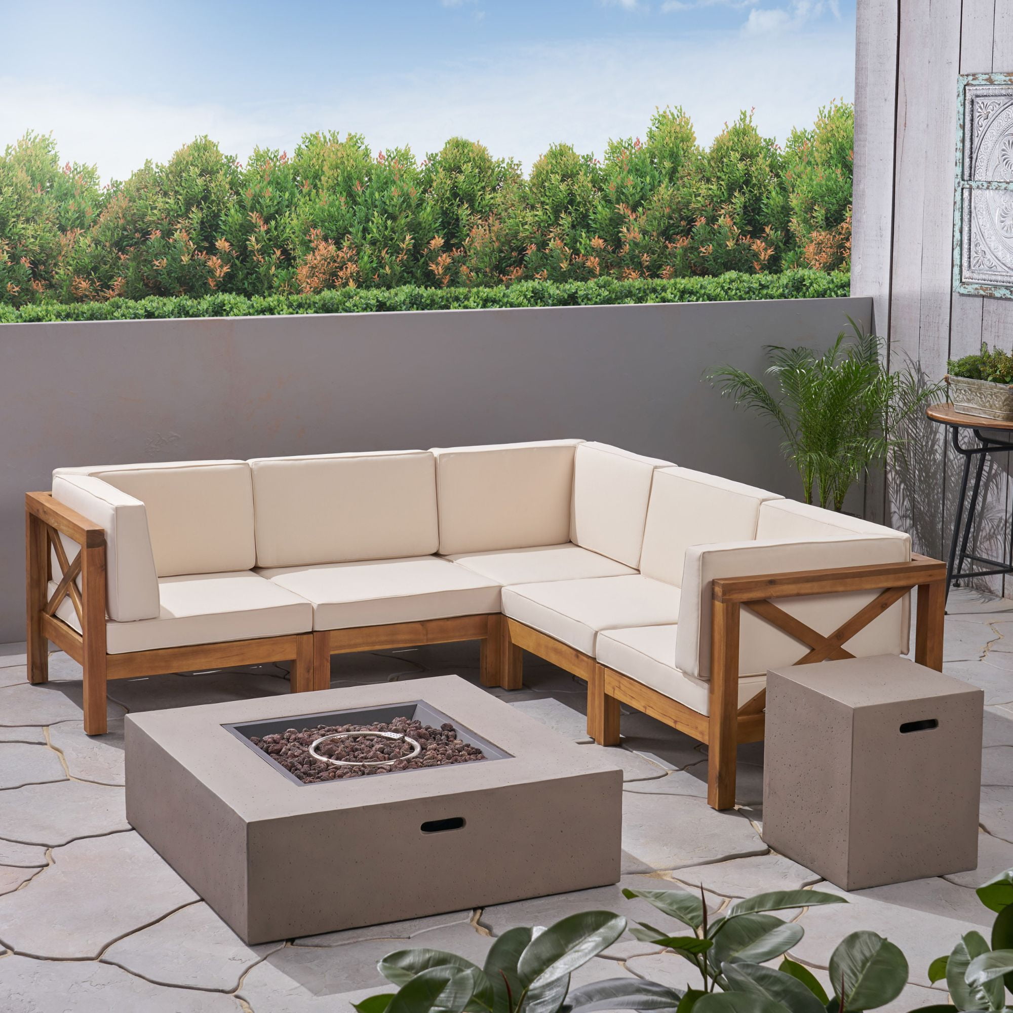 Elisha Outdoor 7 Piece Acacia Wood Sectional Sofa Set with Cushions and Fire Pit, Teak, Beige, Light Gray