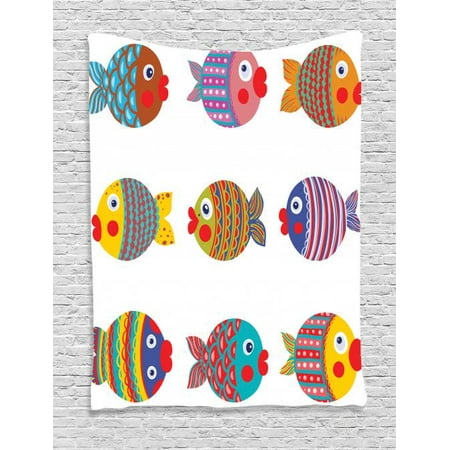 - Kids Room Decor Wall Hanging Tapestry, Puffers Toadfish Colorful Childish Fish Family with Folk Art Patterns Children Nursery Decor, Bedroom Living Room Dorm Decor, Multi, by Ambesonne