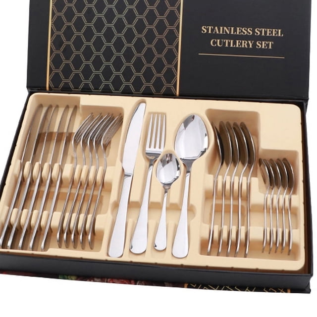 Cutlery Set Flatware Set Stainless Steel Glossy 24 Pieces Steak Knife Fork Spoon Set For Restaurant Silver