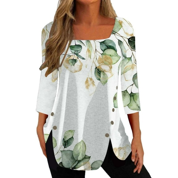 IROINNID Discount Tunic Tops for Women Womens Oversized Shirt Casual Solid T-shirt Mid-length 3/4 Sleeves Blouse Square Neck Tops,White