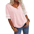 thumbnail image 4 of Stripe Sleeved Women Summer Casual V-neck T-shirt Loose Simple Tops, 4 of 5