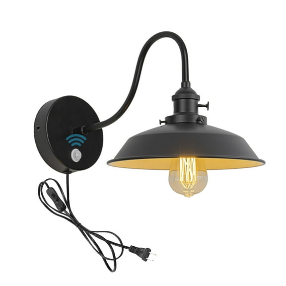 KAYYELAMP Motion Sensor Wall Sconce UL Plug-in Cord Black Gooseneck E26 Base With Black Iron Shade Vintage Style Wall Light Fixture For Entrance Hallway Toilet Stairs