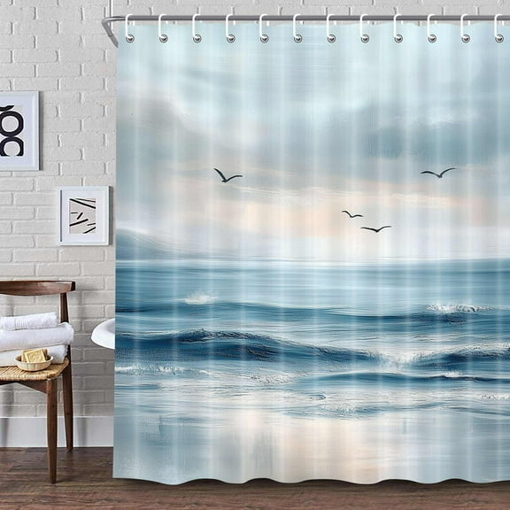 Abstract Beach Shower Curtain, Coastal Teal Oil Painting Ocean Bathroom Curtain, Sea Wave Seagull Nature Landscape Summer Scenery Watercolor Bath Accessories Bathroom Decor Curtains Hooks,72X72