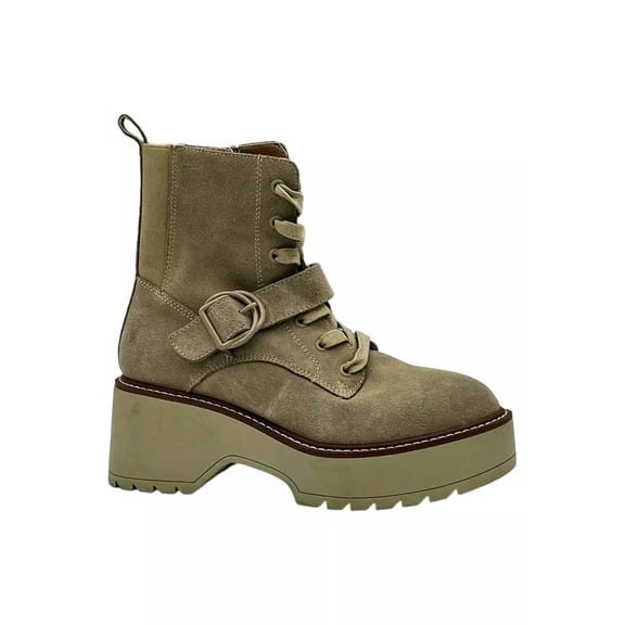 AQUA COLLEGE Womens Beige 1-1/2" Platform Heel Pull-Tab Lace Up Goring Waterproof Buckle Accent Slip Resistant Gecko Round Toe Block Heel Zip-Up Booties 6 M