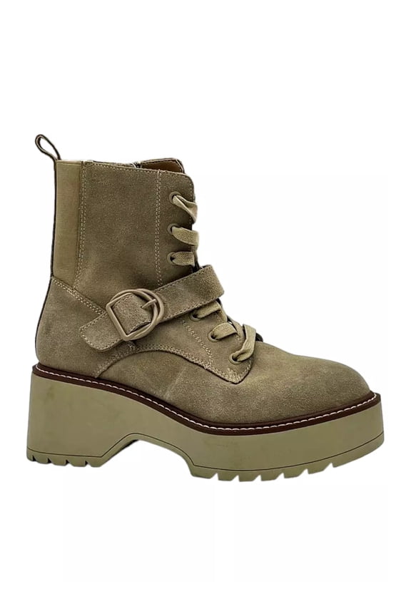 Womens Beige 1-1/2" Platform Heel Pull-Tab Lace Up Goring Waterproof Buckle Accent Slip Resistant Gecko Round Toe Block Heel Zip-Up Booties 6 M