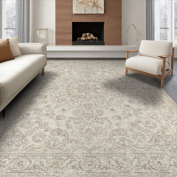 ODIKA 8'x10' Washable Area Rug Non-Slip Chair-Friendly Mat Beige Decorative Faded Botanical Interlocking Ivory Neutral for Dining Room, Large Office, Lounge