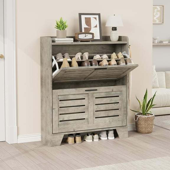 KTENME Shoe Storage Cabinet with 2 Flip Drawers, Freestanding Hidden Slim Shoe Organizer Cabinet with Hooks for Foyer, Hallway, Garage