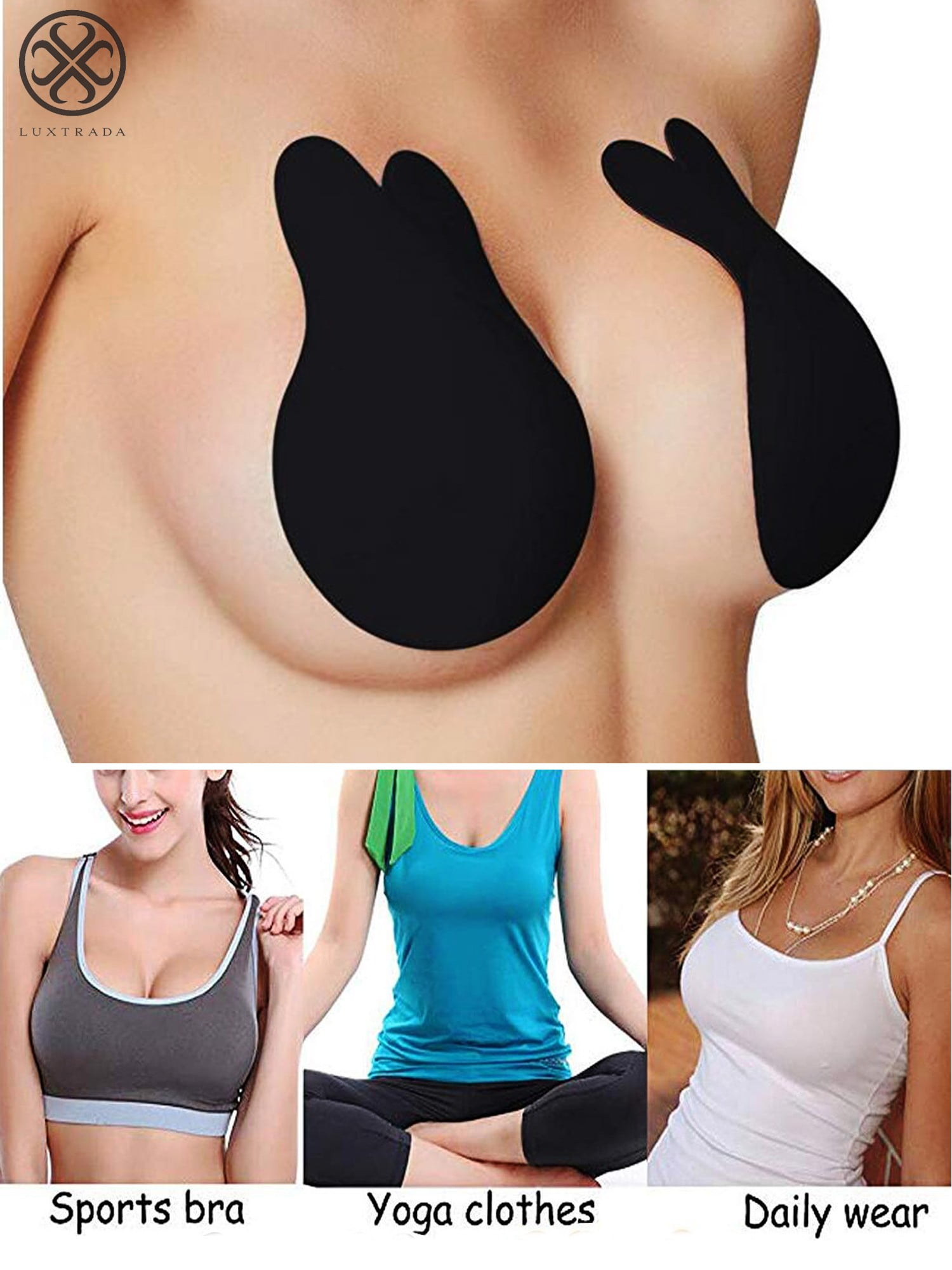 Luxtrada Women Adhesive Lift Invisible Bra Backless Nipplecovers Push Up  Bra Strapless Sticky Rabbit Ear Black, A-B Cup