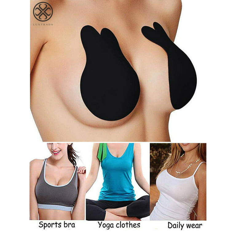Luxtrada 2 Pairs Rabbit Ear Self Adhesive Invisible Bra Breast Lift Up  Strapless Nipplecovers Backless Push Up Bra Black & Skin, A-B Cup