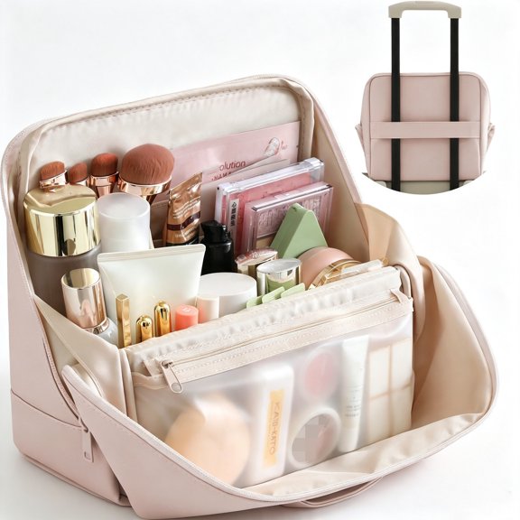 Travel Makeup Bag for Women, Standing Makeup Bag, Waterproof Leather Cosmetic and Toiletry Organizer with Magnetic Fold-Down Flap, Multi-Zone Standing Sto