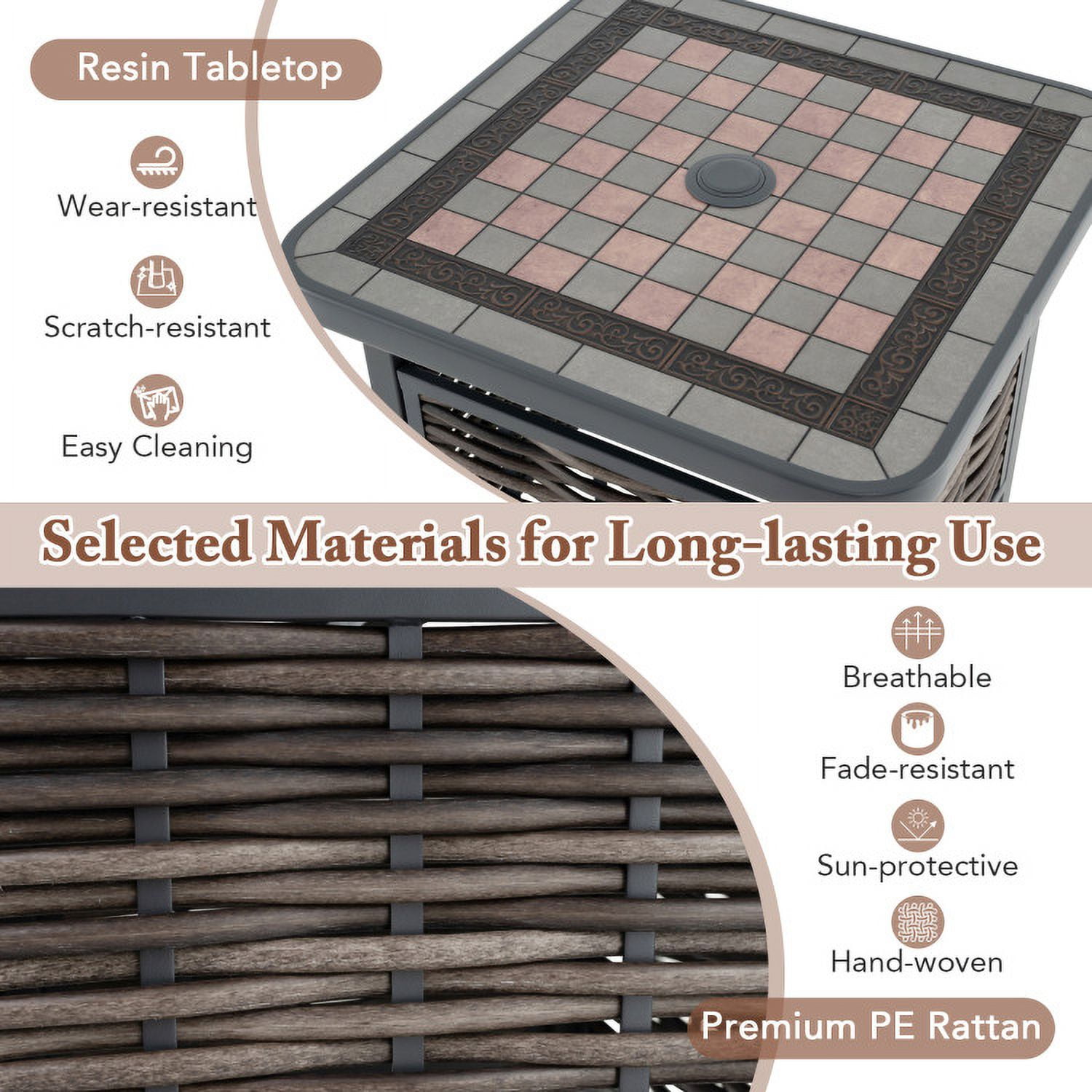 Barara King 21.5 Inches Outdoor PE Rattan Side Table Square End Table with Umbrella Hole