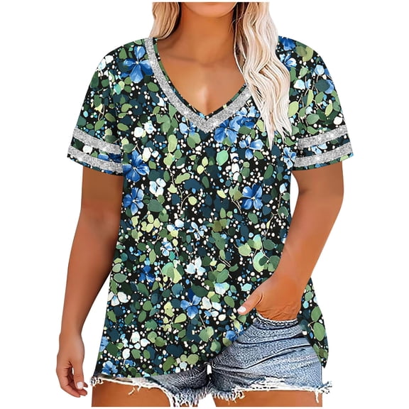 Plus Size Tops for Women Vintage Print T-Shirts Short Sleeve V Neck Shirts Summer Casual Loose Blouse Beach Vacation Outfits