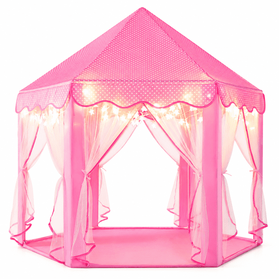 PigPigPen Princess Castle Play Tent for Girls Large Hexagon Playhouse with Star Lights Kids Play Tents for Children Indoor Games (Pink)