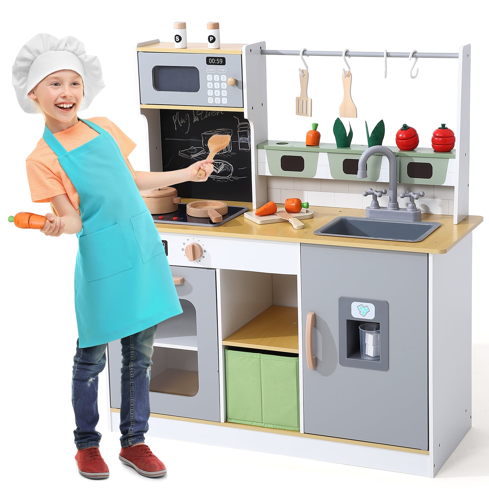Simzone Wooden Farm & Kitchen Playset, Kids Play Kitchen with Cookware ...