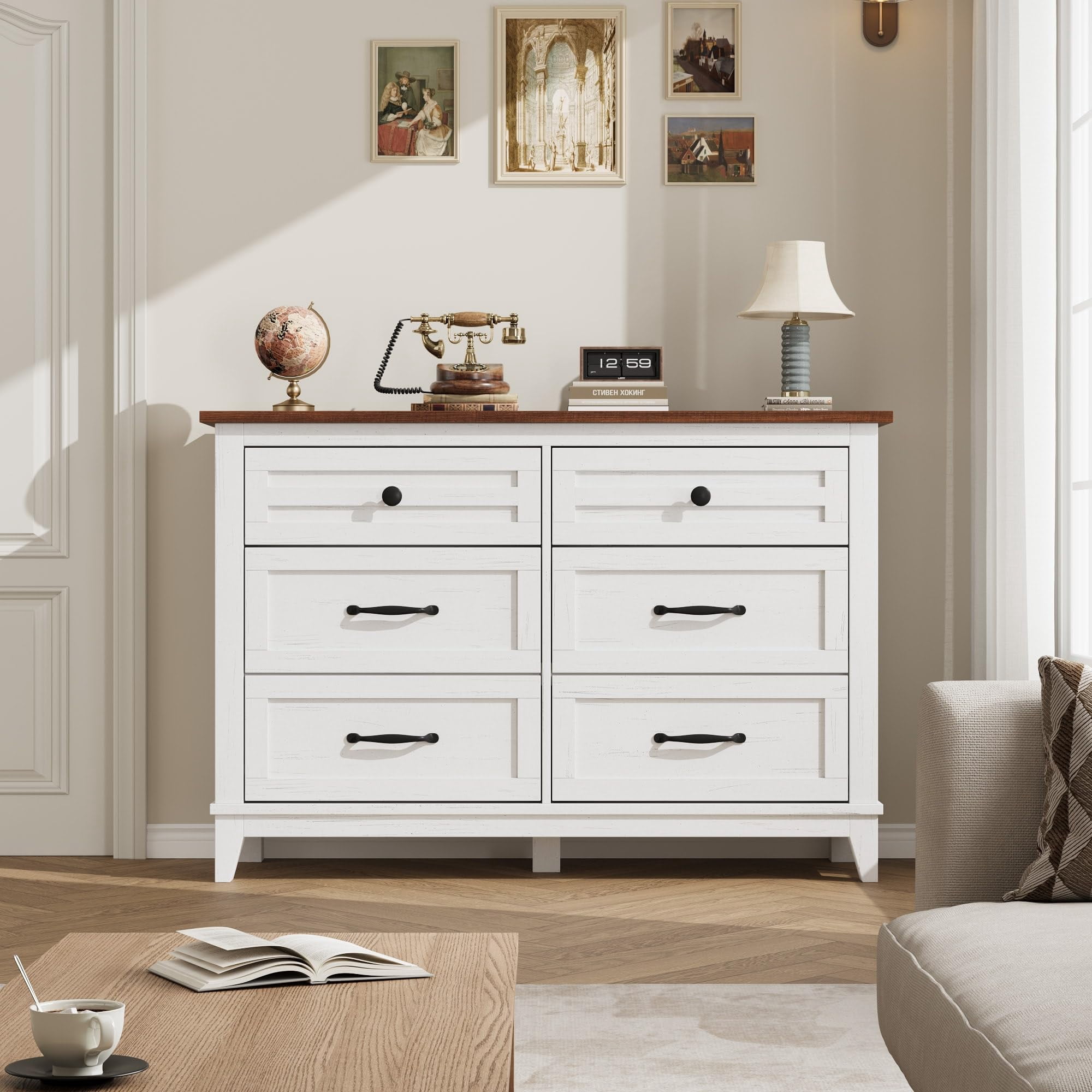 Towallmark 47" Wide Dressers for Bedroom 6 Drawers Wooden Dresser Storage Chest of Drawers for Living Room,Entryway,Brown & White