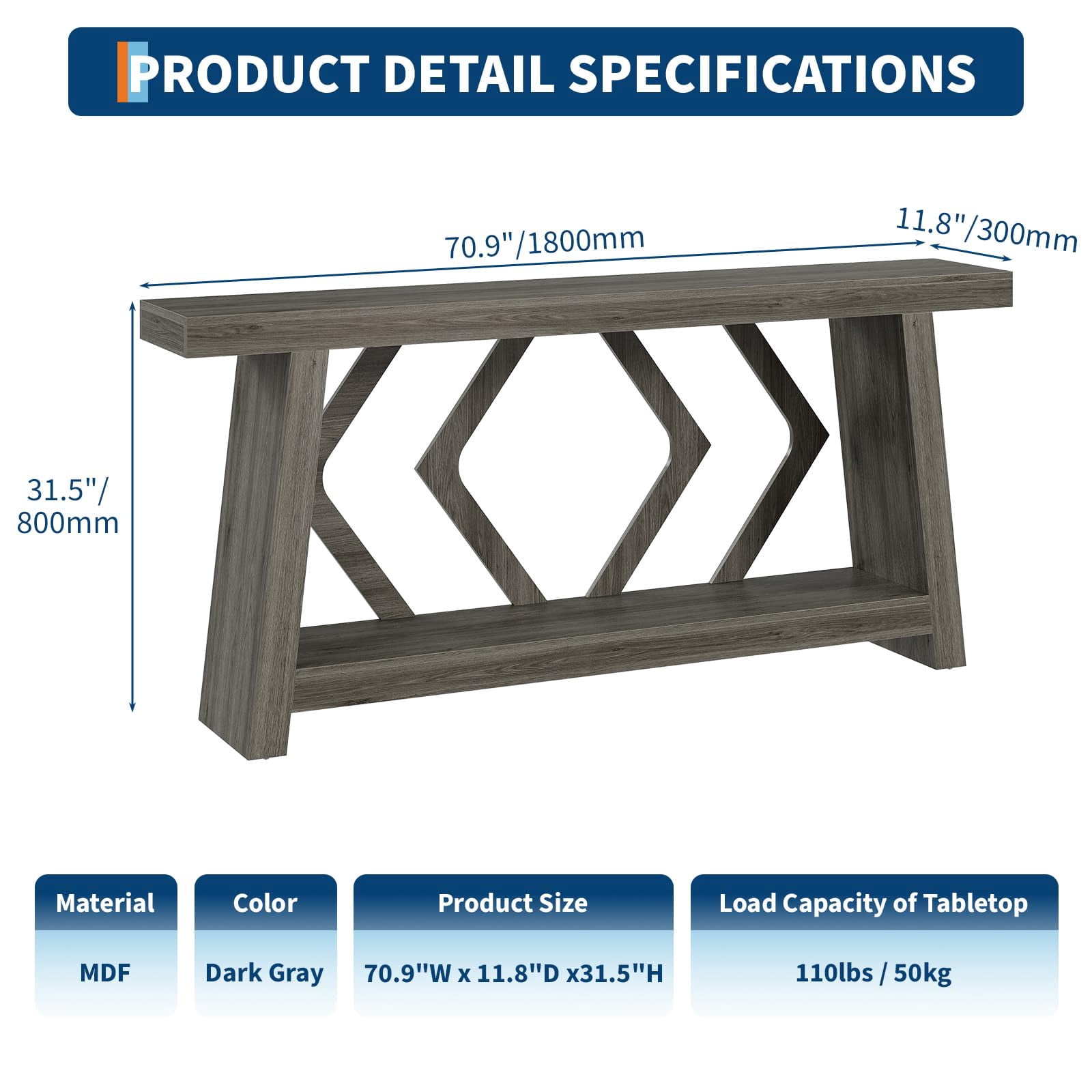 70.9 Inch Extra Long Console Table, 2-Tier All-Wood Sofa Table with Sturdy Trapezoid Legs, Entryway & Hallway Table for Living Room, Foyer