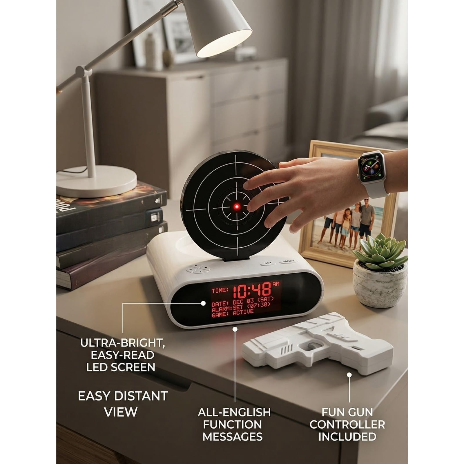 Target Alarm Clock – Shot Timer, Shooting Timing Clock , Interactive Digital Wake Shot, 2 Alarm Modes, Large LED Display for Home Office Living Room