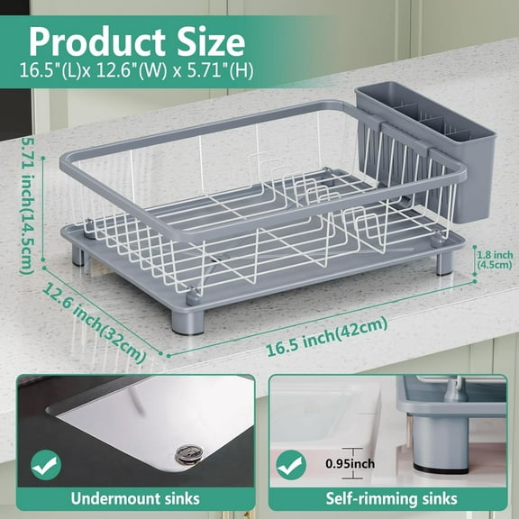 Space-Saving Dish Drying Rack with Drainboard, Rustproof Kitchen Dish Rack with Removable Utensil Holder, Gray
