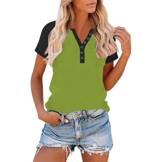 Neewe Womens Short Sleeve Summer Tops Solid V Neck T Shirts Casual Color Block Raglan Shirts Tunic Tees