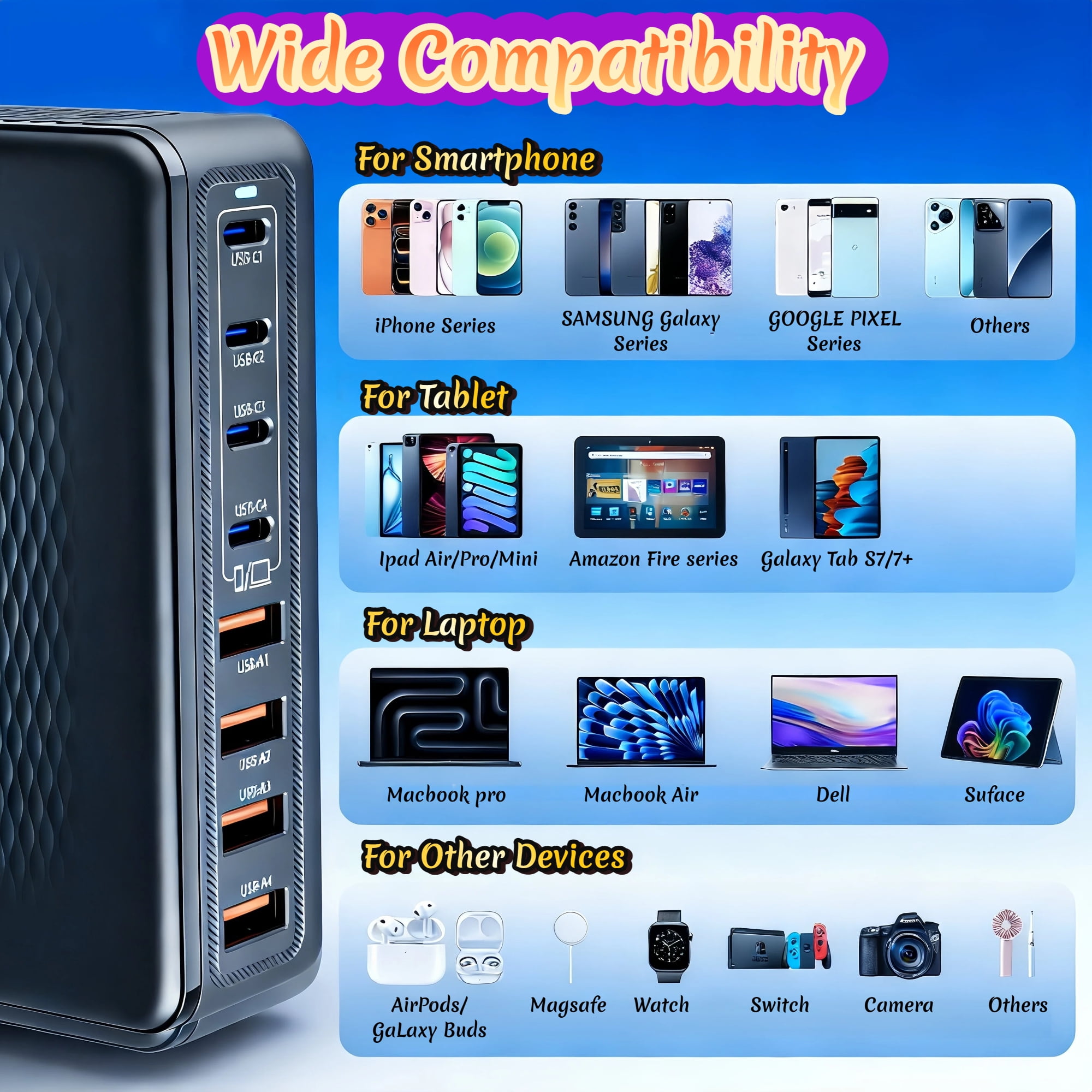 Fast Charger USB C Charger Block, 200W GaN 8 Port USBC Charging Station USB Hub Block Cube, PD 65W Laptop Charging Station for Multiple Devices iPhone 17/16/15,MacBook Pro/Air,iPad,Black