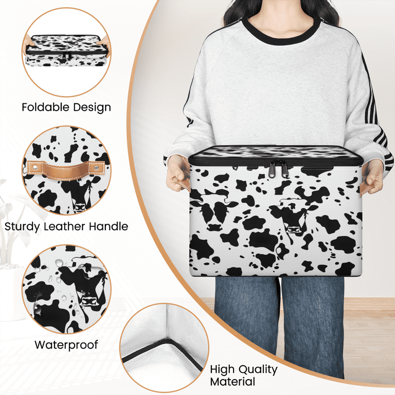 CURLYOOT Cow Print Fabric Storage Bins with Lids, Black and White