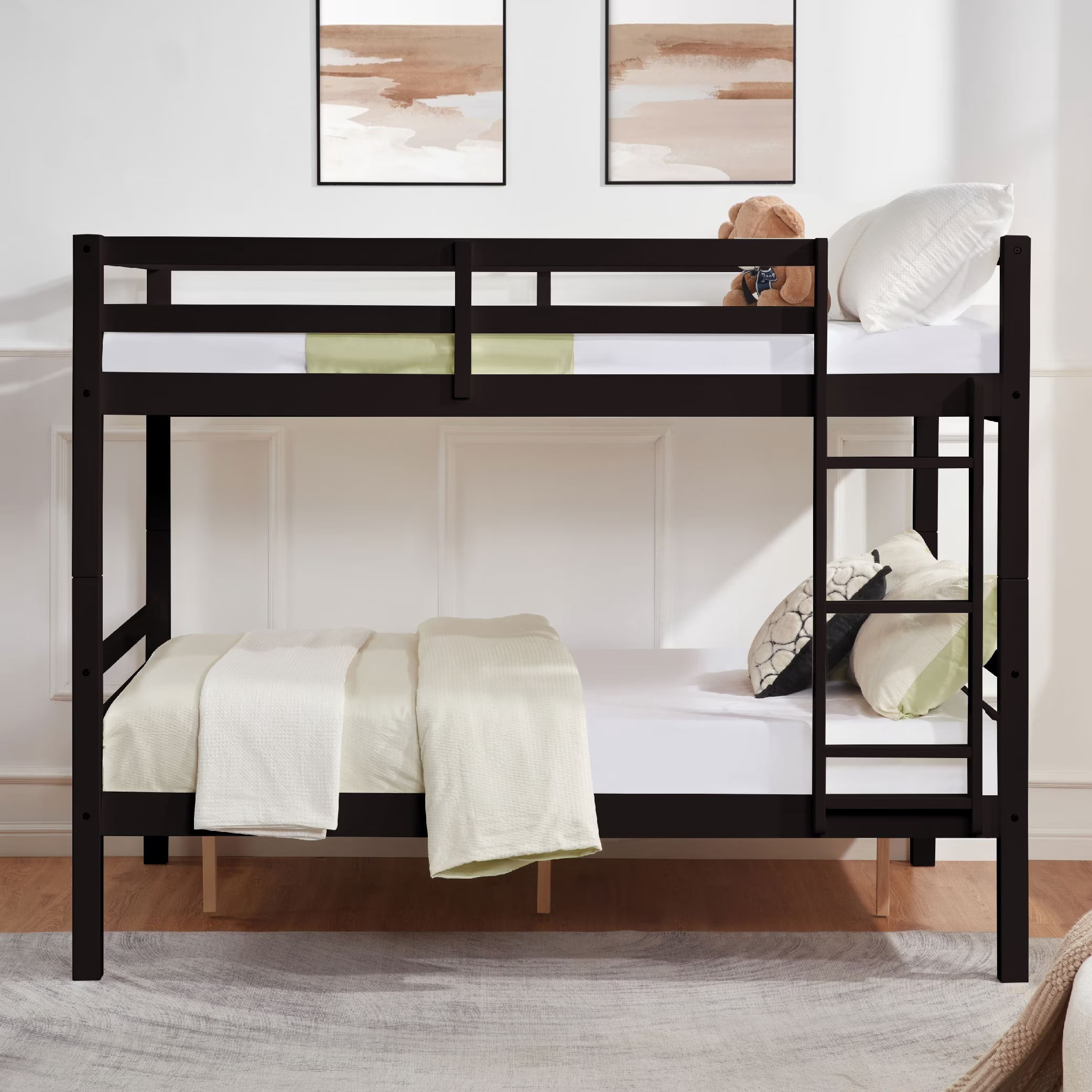 Full Over Full Bunk Bed, Solid Wood Bunk Bed Frame with High Guardrails, Ladder, Heavy Duty Wooden Slats, No Box Spring Needed for Kids, Teens, Guest Room, Espresso