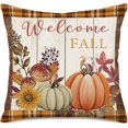 thumbnail image 5 of Set of 4 Decorative Throw Pillow Cover for Couch Sofa, Autumn with Pumpkin Patch Sunflower Scarecrow Maple Leaf Thanksgiving Halloween Farmhouse Decor Pillow Case 18"x18" (Pumpkins for Sale), 5 of 6