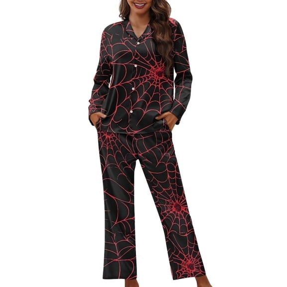 Glofpot Women's Pajama Set Long Sleeve Button Down 2 Piece Sleepwear Loungewear Black Red Spider Web Print Soft Cozy For Women Casual Home Nightwear