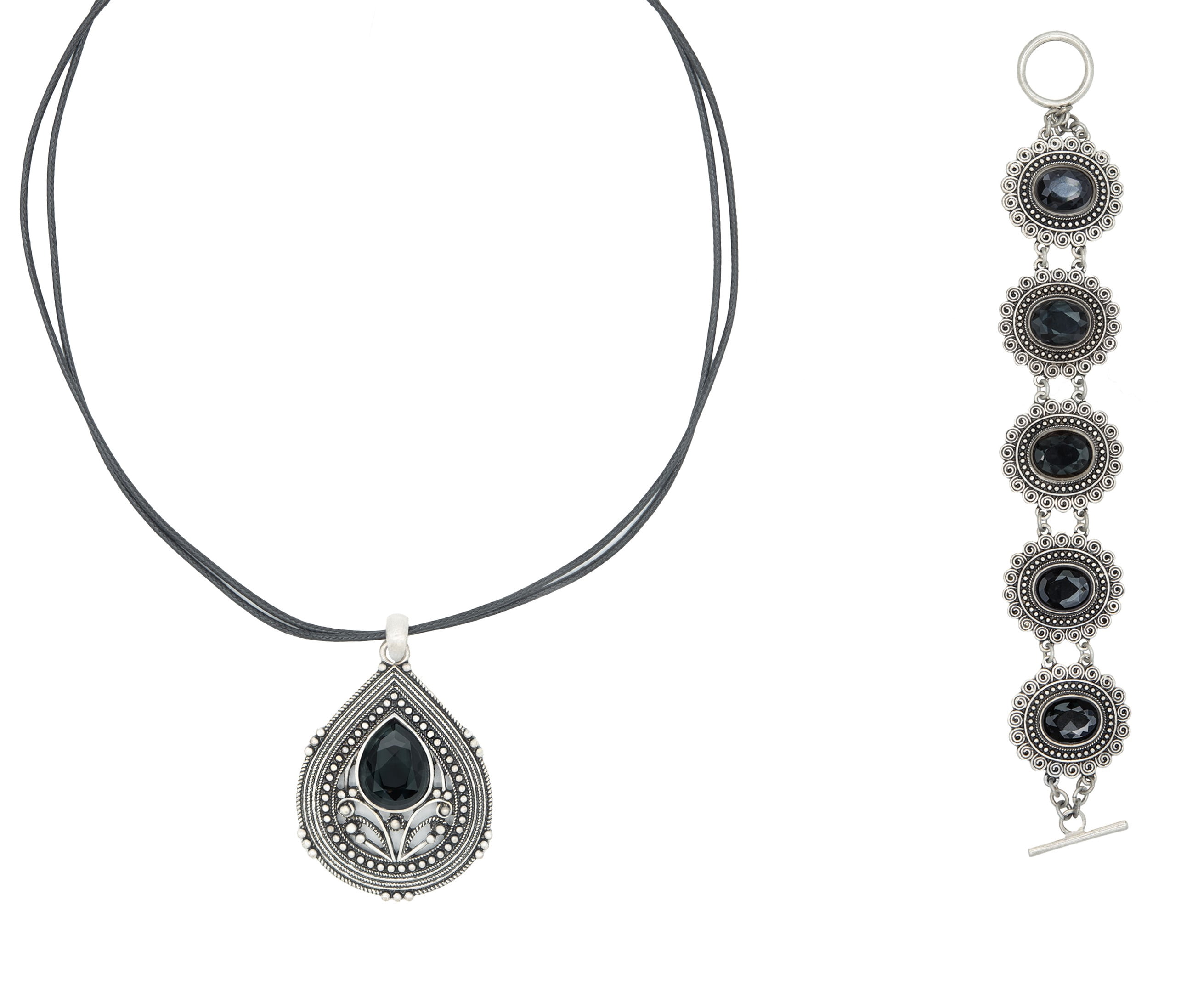 Vintage Style Black Onyx Necklace and Bracelet Set with Antique Silver Tone Finish Jewelry Necklace Bracelet Silver