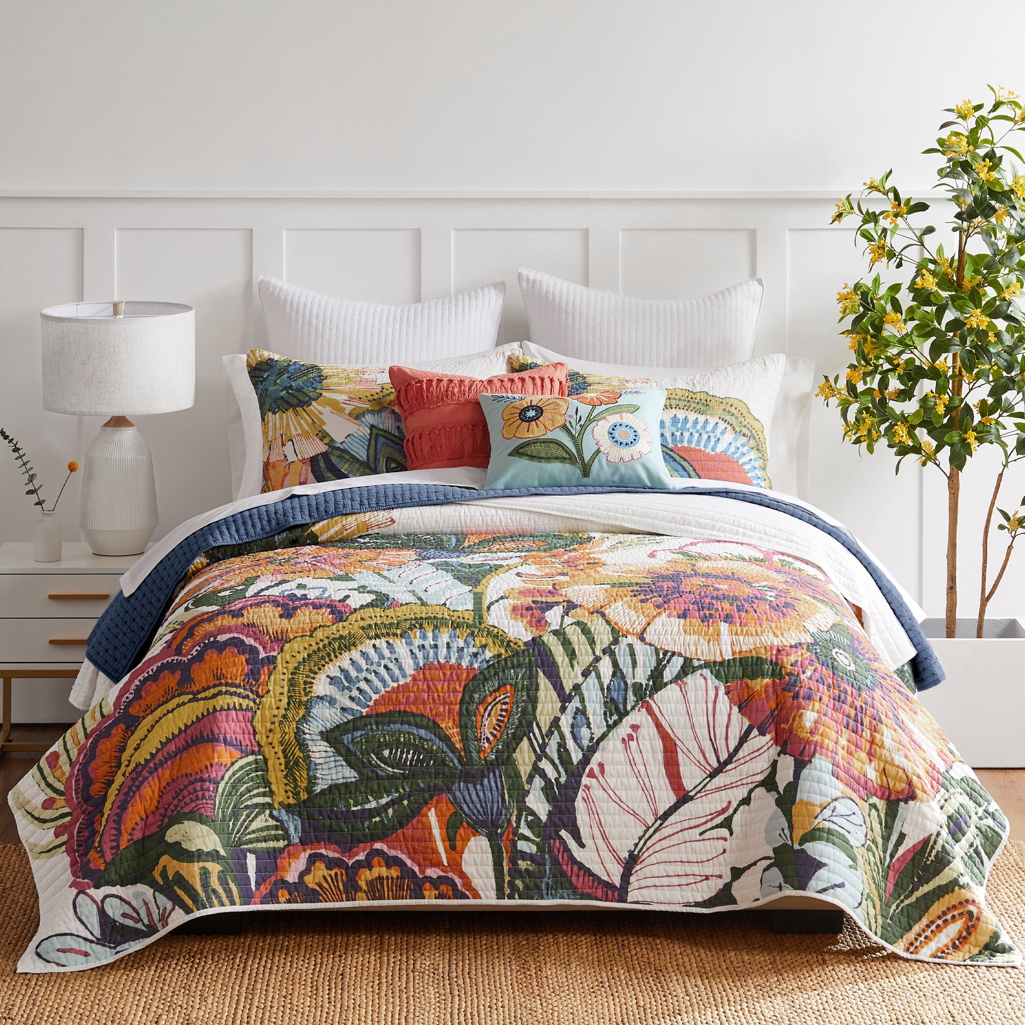Levtex Home - Grandiflora Garden Quilt Set - Full/Queen Quilt (88x92in.) and Two Standard Shams (20x26in.) - Floral - Orange, Red, Blue, Green and Yellow - Reversible - Cotton/Polyester