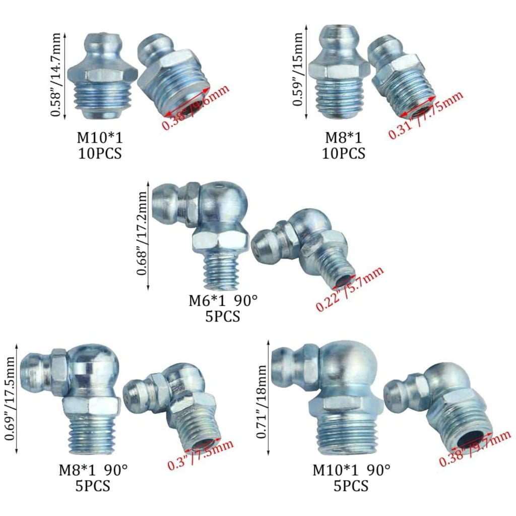 110Pcs Grease Fittings Metric Grease Fitting Assortment Kit Standard Grease Fittings Grease Zerks Straight and Angled
