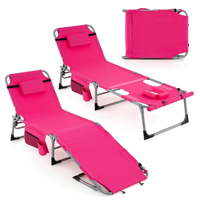 Goplus 2 Pcs Chaise Longue Pliante d'Extérieur à 5 Positions avec Repose-Pieds Réglable Rose Foncé