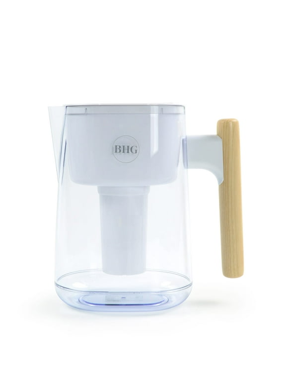 BHG Water Filter Pitcher, 7 Cup, Brita Compatible, White, Wooden Handle - Size: 9x5x9 inches