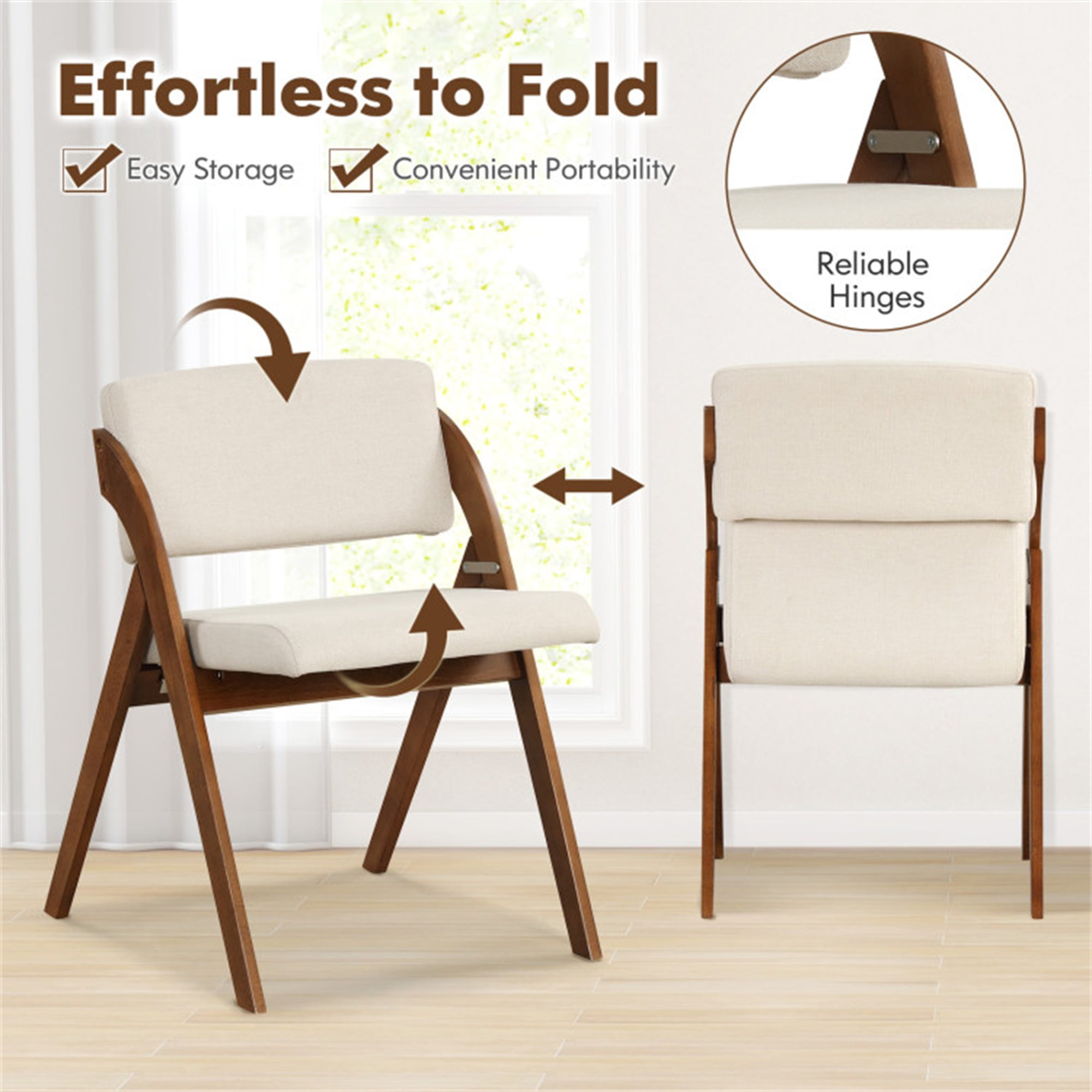 Demi Bonn Set of 2 Folding Kitchen Dining Chairs with Rubber Wood Legs and Backrest, Brown