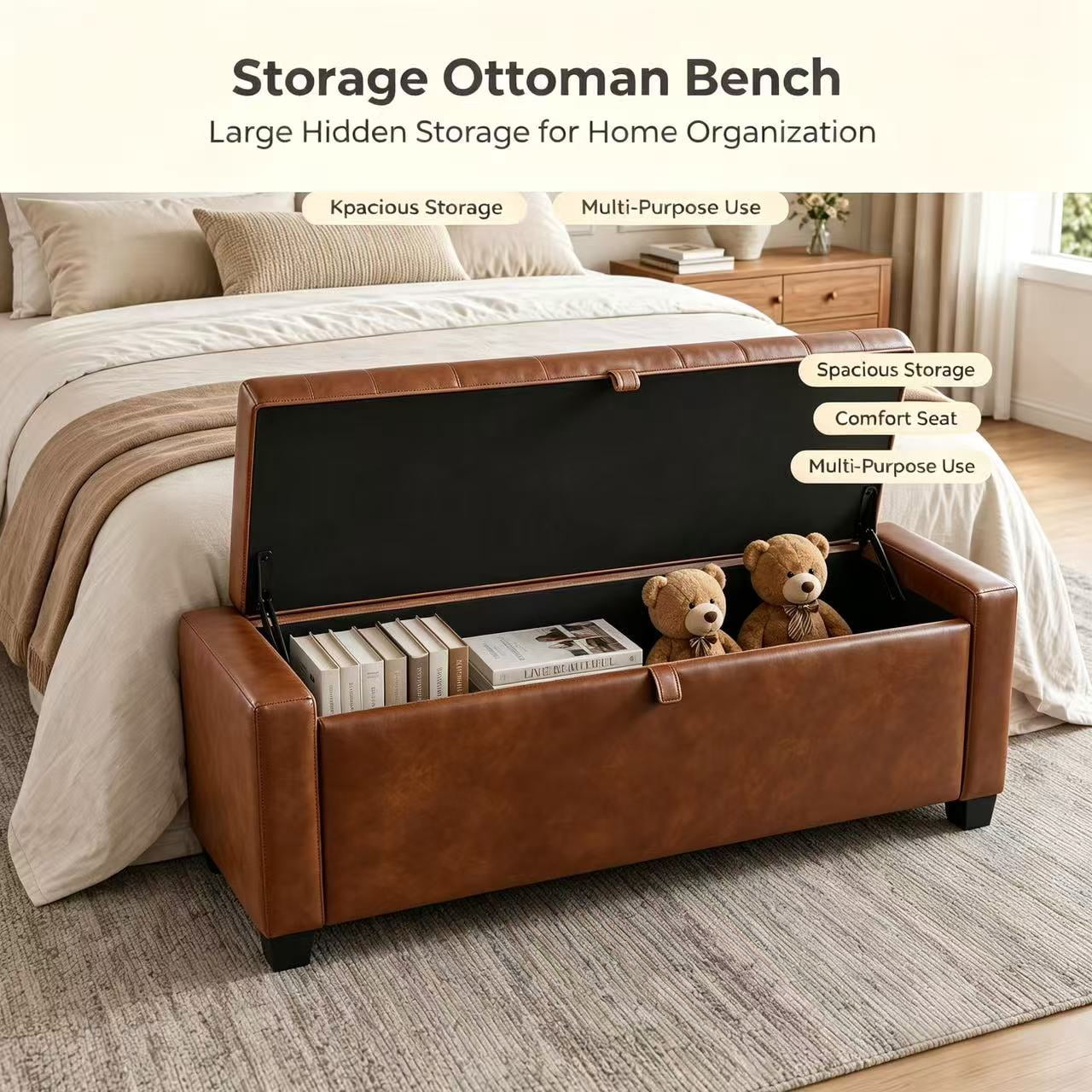 Storage Bench 43.3 Inch, Faux Leather Upholstered Ottoman Bench with Safety Hinge, End of Bed Storage Bench for Bedroom and Entryway, Brown