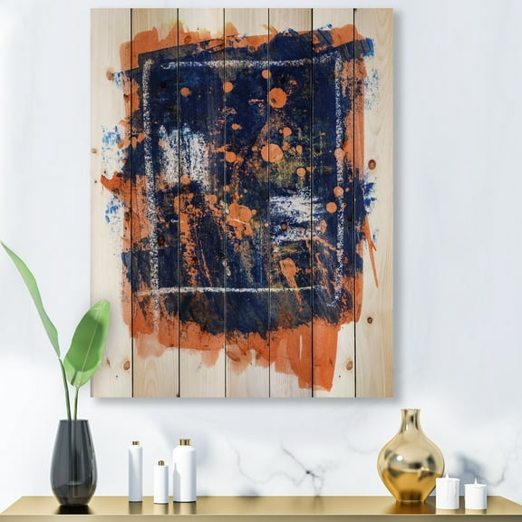 Designart 'Navy Blue and Orange Abstract' Modern Print on Natural Pine Wood