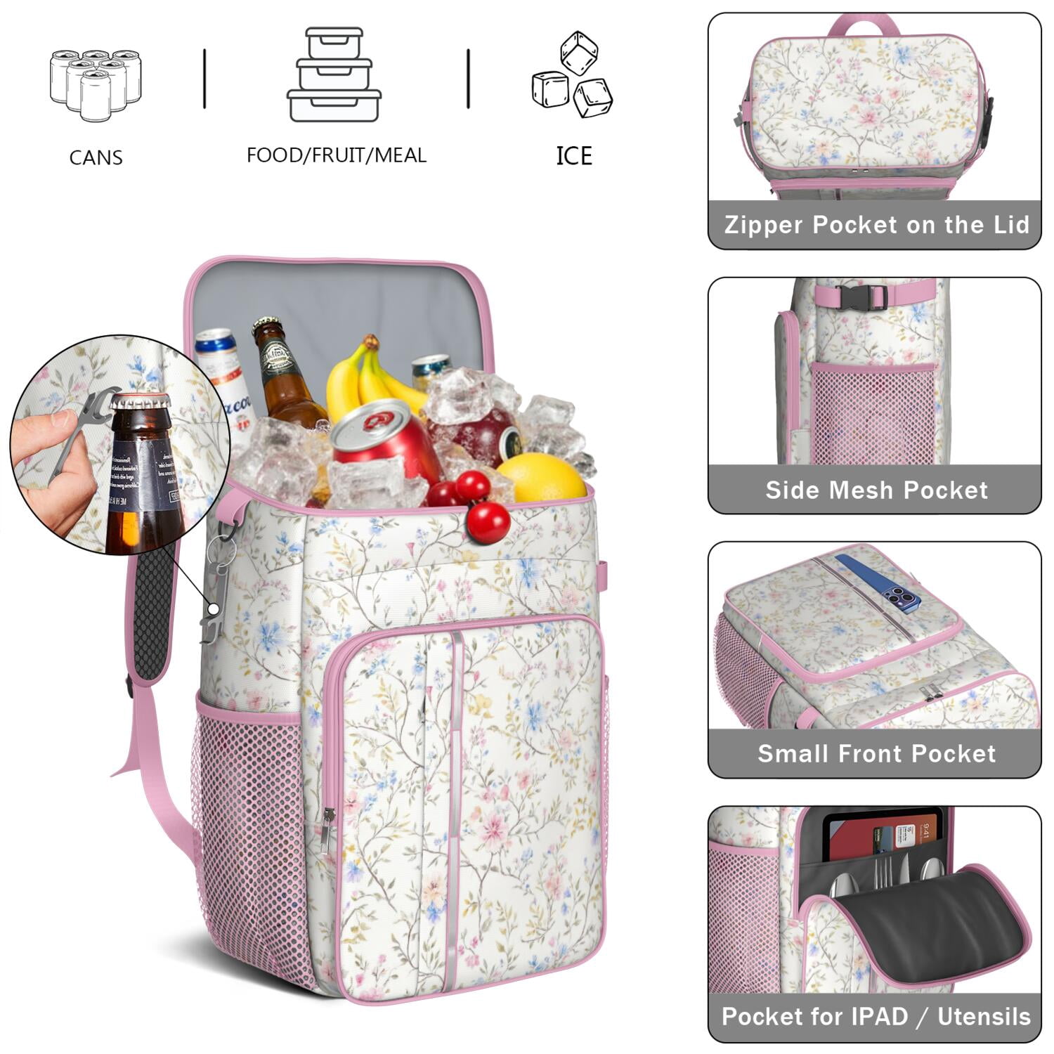 Travel Cooler Bag - Pioneer Flower Camping Beer Cooler Backpack with Bottle Opener- Waterproof Insulated Picnic Backpacks - Cooler Bag for Beach