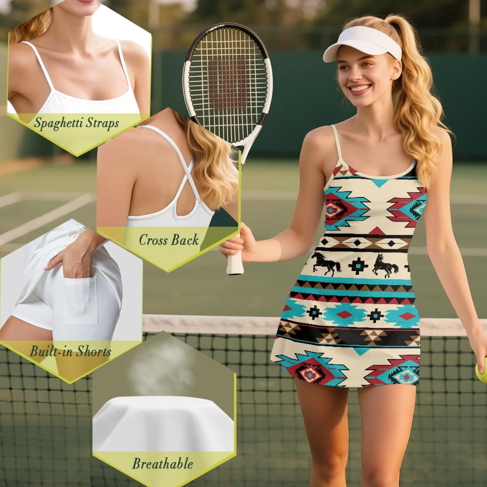 Yuyamidu Aztec Horse Women Athletic Dress Summer Tennis Golf Dresses for Women Size L Southwestern Tribal Workout Active Sports Dress and Built in Shorts with Pocket